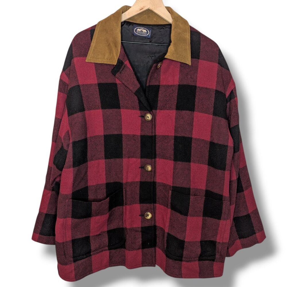 VINTAGE 100% WOOL JACKET BUFFALO PLAID Red British Khaki Robert Lighton Large